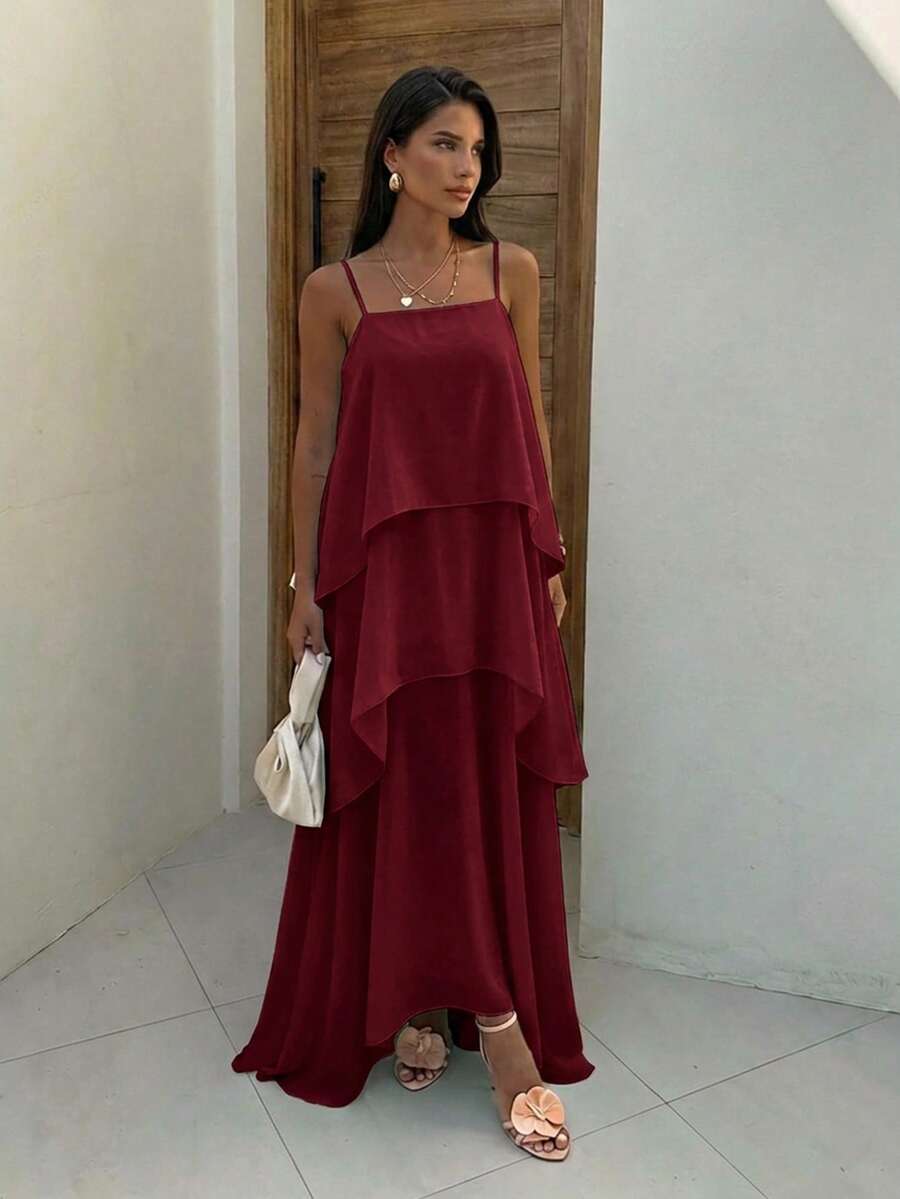 Aloruh Burgundy Spaghetti Strap Solid Color Elegant Vacation Dress Vacation Summer - Burgundy - View 1