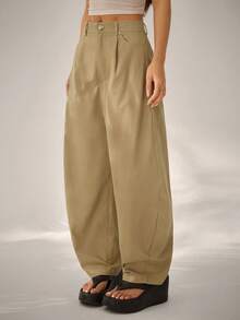 SHEIN PETITE Women's Loose Solid Color Harem Pants With Pockets, Casual Spring/Summer Style - Khaki - View 6