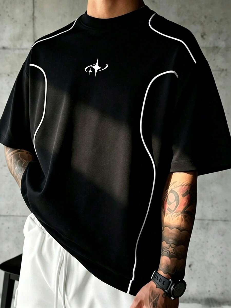 Sport MetroGents 男士夏季休閒時尚街頭風日常通勤星星印花對比滾邊落肩寬鬆運動T恤,健身、度假 - 黑色 - 查看 1