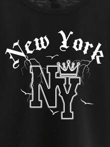 Spring And Summer Tween Boy Casual Fashion Creative Personalized Refreshing Minimalist New York Crown Lightning Bird Graphic Letter Slogan Print Relaxed Basic Black T-Shirt And Black Shorts Set, Comfortable Daily Wear, Suitable For Spring/Summer - Black - View 8
