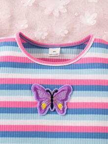 Young Girl Knitted Striped Round Neck Fitted Casual Dress - Hot Pink - View 3