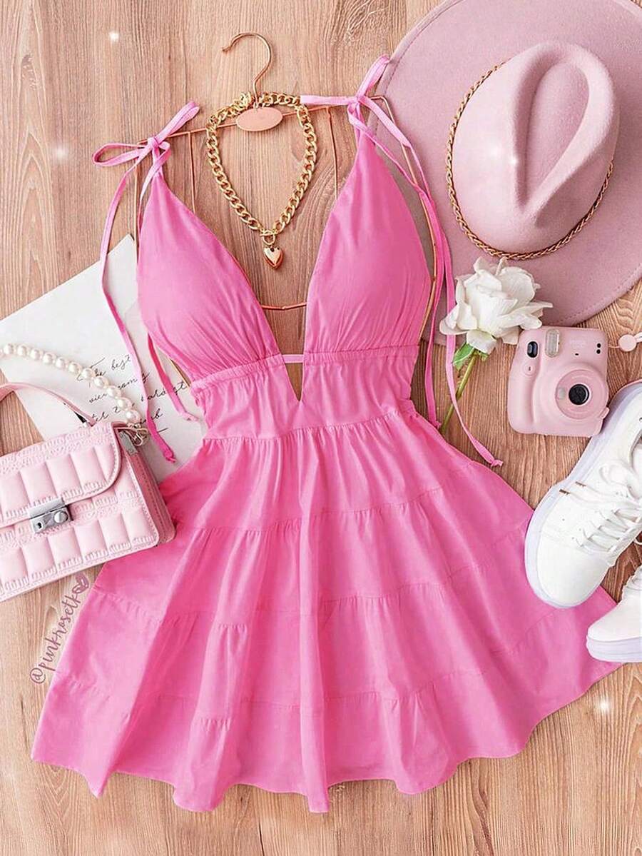 GlowEve Women's Solid Color Ruffle Hem Tie Shoulder Sleeveless Dress - Hot Pink - View 1