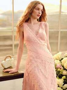 MOTF PREMIUM WOMEN'S LACE WAIST RUFFLE HEM DRESS, SPRING/SUMMER - Coral Pink - View 9