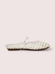 CUCCOO DOLLMOD Women's Shoes, Beige, Striped Embroidered Upper, Exposed Heel, Round Toe, Flat Bottom, Sweet, Cute, Comfortable And Casual. - Curve - White - View 3