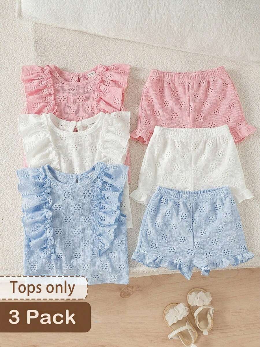 SHEIN Playful Pals 3pcs/Set Colorful Heart Striped Print Ruffle Hem Round Neck T-Shirt, Soft & Comfortable Casual Cute Spring/Summer New Arrival - Multicolor - View 1