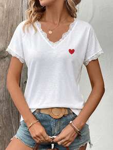 EMERY ROSE Women's New Arrival Spring/Summer Heart Print Lace Patchwork V-Neck Short Sleeve T-Shirt - White - View 6