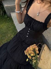 Sunnyshic 女款黑色細肩帶抓褶寬鬆鄉村風波希米亞A字裙洋裝，浪漫優雅時尚，適合海灘度假與夏季 - 黑色 - 查看 4