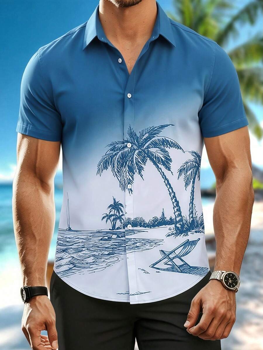 Manfinity RSRT Men's Palm Tree Print Single-Breasted Casual Short Sleeve Shirt, Holiday - Multicolor - View 1