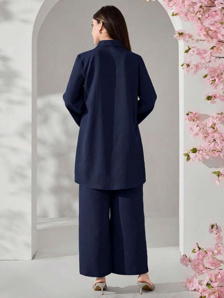 Veilorie Women's Spring/Autumn Casual Daily Office Commute Minimalist Versatile Solid Color Pleated Flare Sleeve Burnout Blouse And Wide Leg Pants 2pcs Set - Navy Blue - View 2