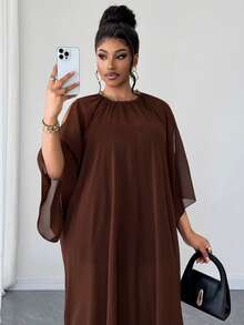 Maweii Plus Size Women's Brown Summer New Design Lightweight Irregular Sheer Chiffon Round Neck With Diamond Decoration Tie-Up Solid Color Dress - Brown - View 4