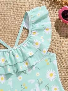 Young Girl Daisy Print Ruffled One-Piece Swimsuit, Elegant And Charming Design Suitable For Swimming - Multicolor - View 4