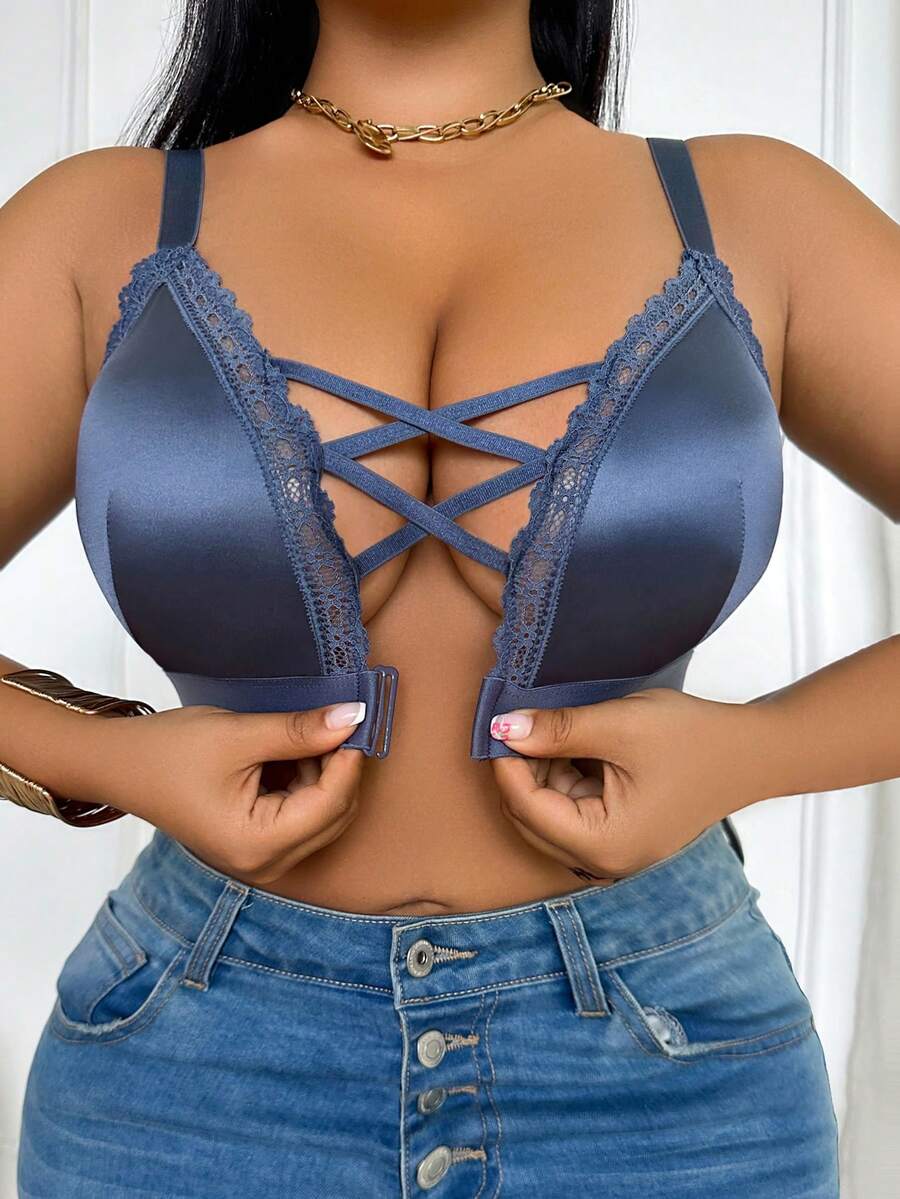 DesireSculpt 1pc Plus Size Women Wireless Criss-Cross Bra - Navy Blue - View 1