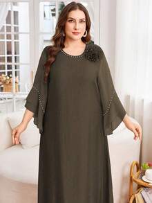 Lacomfia Vestido casual modesto de mujer talla grande de unicolor con parches de gasa - Marrón - Ver 1