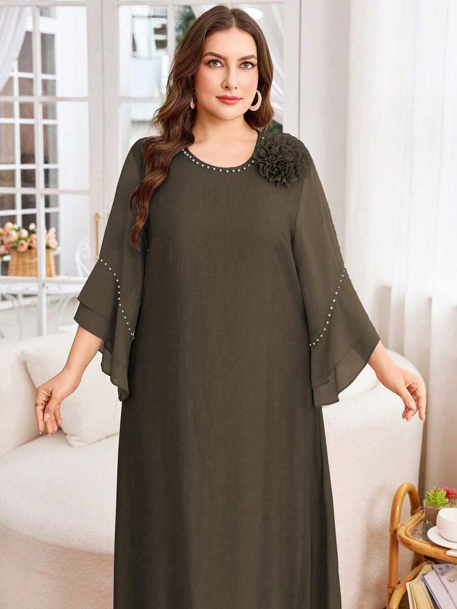 Lacomfia Vestido casual modesto de mujer talla grande de unicolor con parches de gasa - Marrón - Ver 1