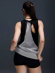 Powerista Women's Contrast Color Hollow Out Round Neck Summer Running Training Sports Tank Top Powerista Solid Color Fashion Sport T-Shirts & Tanks, Suitable For Summer Women's Casual Sports Solid Color Tank Top Cut Out Back Solid Sports Tee Gym Top Workout Tank Top Purple Seksi Chic For Daily Wear Yoga Yoga Studio Tennis Gym Indoor Outdoor Active Black And White - White - View 5