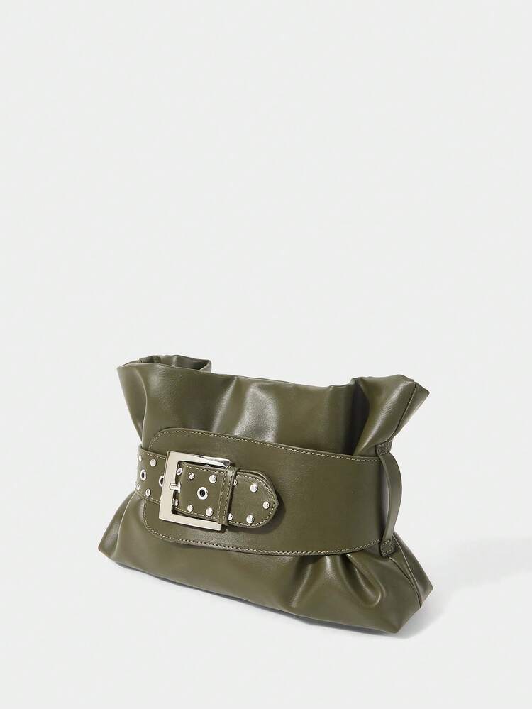 SHECARRY Women's Fashion Olive Green Clutch Bag, Decorated With Belt Buckle Details, Delicate And Soft PU Material, Suitable For Daily, Commuting, Parties - Olive Green - View 2