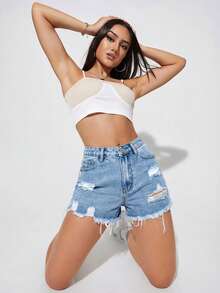 SHEIN PETITE 夏季休闲破洞牛仔短裤 - 藍色 - 查看 4