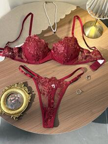 Divavoom 2pcs Mesh Embroidered Women's Lingerie Set - Redwood - View 4