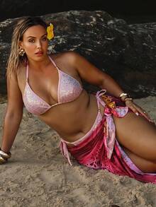 SHEIN BAE Summer Beach Vacation Style Sequined Fishnet Bikini Set With Triangle Cup - Pink - View 5