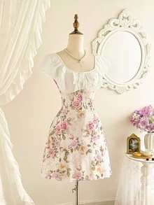 age con textura de jacquard con rosas, parches de encaje, volantes, lazo, mangas de mariposa, casual, para verano, vacaciones, fiestas, bodas, graduaciones, paseos, vacaciones, en color rosa - Rosa - Ver 7