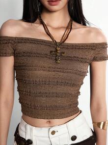 Rina Fox Blusa corta con hombros descubiertos, encaje y volantes en color caqui para mujer - Café integral - Ver 6