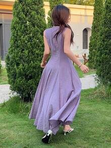 Feyla 女士纯色V领纽扣设计无袖连衣裙 - 紫色 - 查看 6