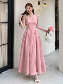 Joudiya Elegant Romantic Sleeveless Backless Midi Dress, Suitable For Spring/Summer, Parties Day Party Vacation, Weddings, Commuting Dusty Pink Sundress - Pink - View 1