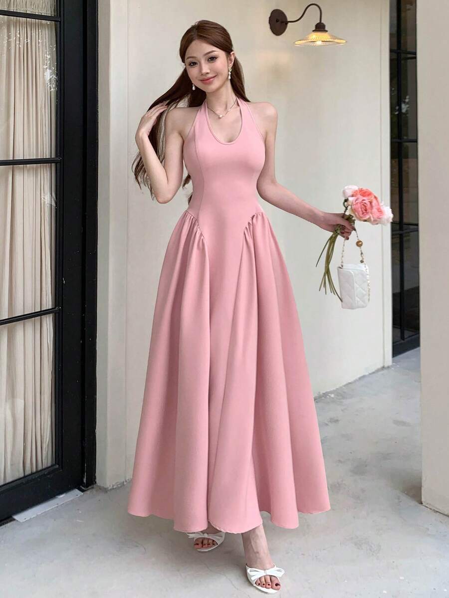 Joudiya Elegant Romantic Sleeveless Backless Midi Dress, Suitable For Spring/Summer, Parties Day Party Vacation, Weddings, Commuting Dusty Pink Sundress - Pink - View 1