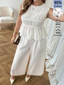 SHEIN LUNE 2pcs Plus Size Women Textured Pleated Top And Loose Casual Pants Set Vacation White Summer Formal - White - View 6