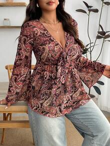 Enliva Plus Size Breathable Vintage Style Printed Tie-Front Long Sleeve T-Shirt, For Apple And Rounded Body Shape - Brown - View 4