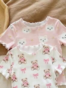 SHEIN LMoss Kids 女嬰 4 件組可愛花卉印花荷葉邊圓領短袖上衣與短褲休閒舒適睡衣套裝，夏季 - 彩色 - 查看 4