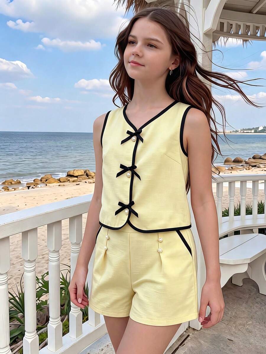 Teen Girls Fashion Back To School Summer Sleeveless Bow Top Chillgrl - Yellow - View 1