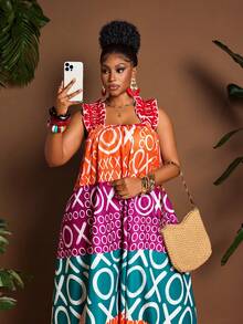 Maweii Plus Size Women's Sexy Boho Vacation Summer Ruffle Strap Multi-Color Square Neck A-Line Circle Print Casual Dress Beach Teal - Multicolor - View 3