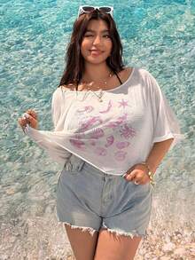 SHEIN EZwear 大尺碼女款夏季海灘度假海鮮與動物印花不對稱領寬鬆T恤 - 粉色 - 查看 6