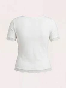 SHEIN BASICS Plus Size Summer Casual Solid Color Lace Trim T-Shirt Gym Brown - White - View 7