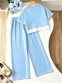 SHEIN 2件套女童碎花印花T恤和高腰纹理阔腿裤套装 - 藍色 - 查看 3