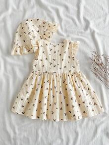 SHEIN Vintaside Kids 夏季新生女嬰杏色圓領荷葉邊卡通櫻桃印花無袖紅色蝴蝶結洋裝附紅色帽子，優雅可愛 - 卡其色 - 查看 3