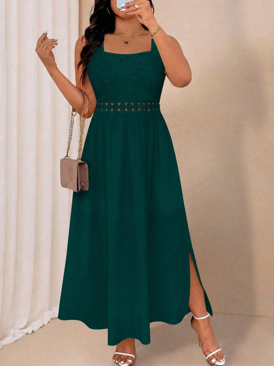 SHEIN Clasi 大尺碼蕾絲圖案方領寬肩帶無袖洋裝 - 墨綠色 - 查看 1