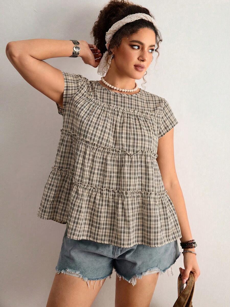Freevana Plus Size Summer Casual Plaid Ruffle Trim Shirt - Black - View 1