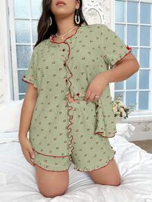 CottageSlumber Frill Trim Round Neck Cherry Print Plus Size Pajama Set - Green - View 5