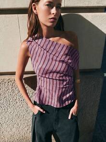 Nöista Diagonal Lilac Stripe One-Shoulder Top. Summer, Fall, Going Out, Resort, Party Style. - Multicolor - View 7