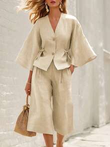 Breezaya Women's Summer Elegant Holiday Vacation Holiday Beige 2-Piece Set,Flare Sleeve Bow Cardigan Shirt&Wide Leg Pants,Bamboo Fiber Casual Beach Outfit - Beige - View 3