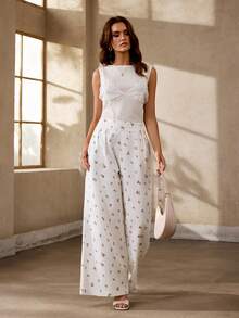 SHEIN Holidaya Jeans casuales anchos y sueltos con pliegues y estampado floral diminuto para mujer - Blanco - Ver 6