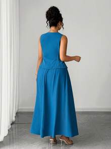 Elenzga Plus Size Women Elegant Peacock Blue Metal Button Sleeveless Vest & Skirt Set, Summer - Blue - View 4