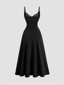Sweetra Vestido midi de mujer de unicolor con tirantes de espagueti, parches de encaje y sin mangas, moda de verano - Negro - Ver 2