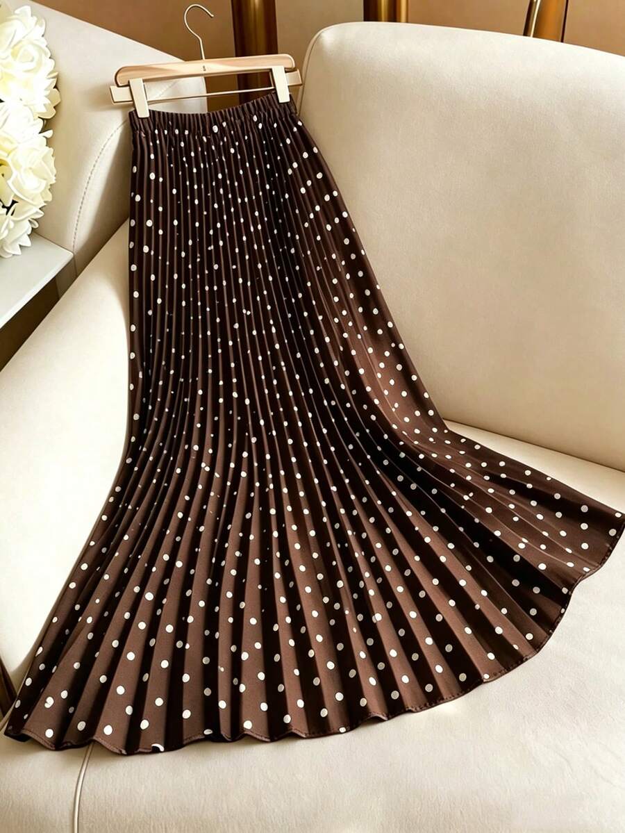 Qadelle Elegant Polka Dot Pattern Pleated Apricot Color Skirt For Women - Brown - View 1