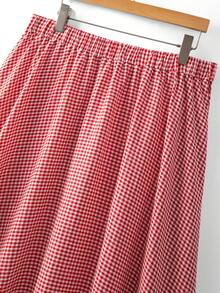 SHEIN Clasi Plus Size Vintage Country Style Pleated Red Plaid Patchwork Lace Hem Skirt, Summer Fall - Red - View 3