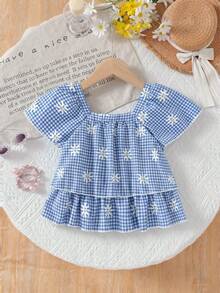 Elladie kids Girls' Cute Sweet Daisy Print Square Collar Puff Sleeve Top, Suitable For Girls In Summer, Holidays, Retro And Various Occasions, Ideal Choice For Spring And Summer - Blue - View 2