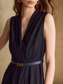 MOTF PREMIUM ELEGANT COMMUTER V-NECK SLIM WAIST DRESS WITH HEAVY EMBROIDERY, PEARL & RHINESTONE DECOR, HOLLOW-OUT, NAVY BLUE, SLEEVELESS, SUITABLE FOR AUTUMN/WINTER - Navy Blue - View 2
