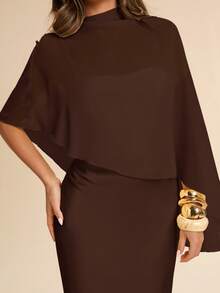SHEIN BAE 2 Pieces Set: Satin Chiffon Shawl & Light Yellow Dress, Luxury Elegant Evening Gown For Formal Occasions, Spring/Summer - Coffee Brown - View 7
